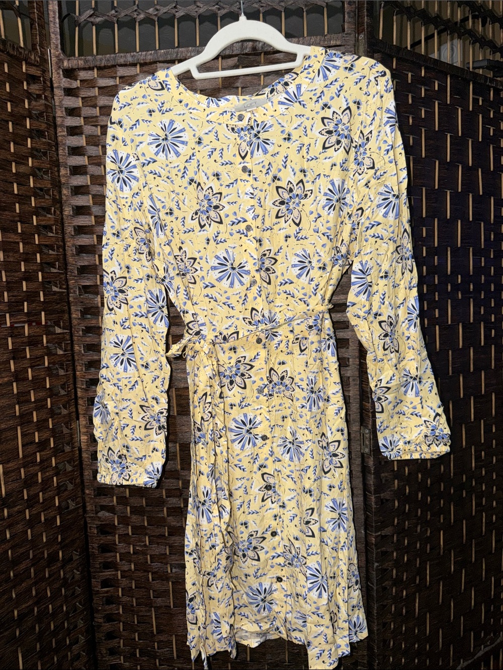 LOFT Yellow Floral Tie-Waist Long Sleeve Dress with Blue Accents
